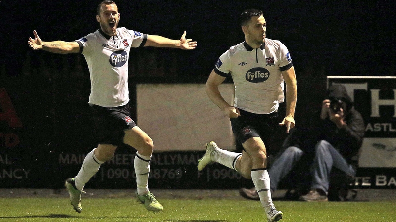 Dundalk's Patrick Hoban celebrates scoring a goal followed by Kurtis Byrne