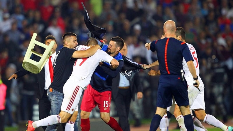 The match was halted after the drone sporting the Albanian flag triggered clashes between the teams