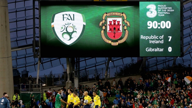 Dusk falls on the Aviva Stadium as the scoreboard illustrates Ireland's emphatic win over Gibraltar in the Euro 2016 qualifier