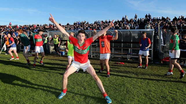 Jody Merrigan of Rathnew celebrates after his side defeated St Patrick's to win the 2014 Wicklow football title