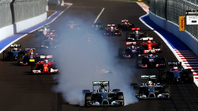 Nico Rosberg in his Mercedes GP locks up approaching turn two next to Lewis Hamilton in a Mercedes GP during the Russian Formula One Grand Prix