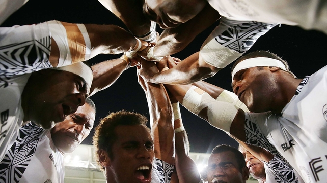 Fiji celebrate winning the 2014 Gold Coast Sevens Cup against Samoa