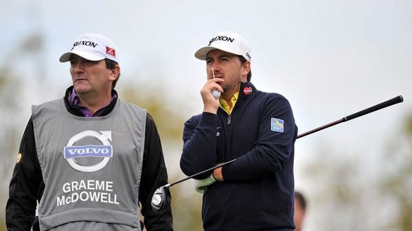 Graeme McDowell prepares to tee off from the second hole in his match against Alexander Levy