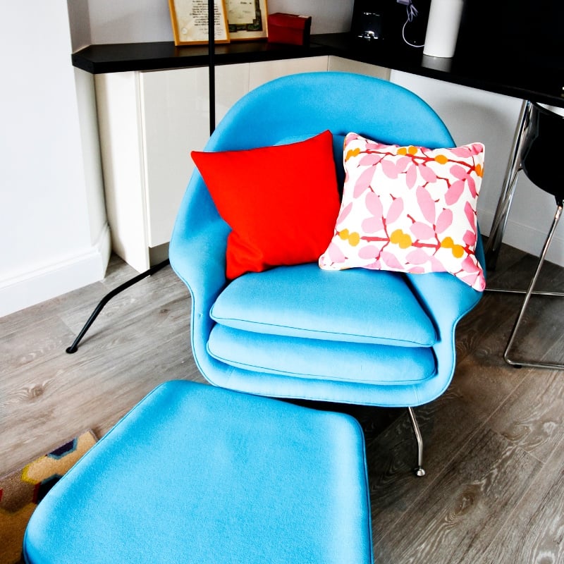 Chair and footstool: £375, www.bluesuntree.co.uk
Cushions: (Right) Jim Thompson 2089/13 €84 each, (Left) Red Felt €71 each, www.ryleandcompany.ie