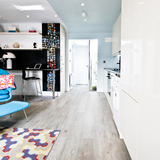 Paint: Living room area - Subtle Cloud - Diamond Matt RRSP€40.99 for 2.5L / Blue in kitchen and on ceiling - Mid Orb - Diamond Matt RRSP€40.99 for 2.5L
Floor: Kronoswiss Grand Selection range €28.69 psm (includes vat) from www.noyeks.ie