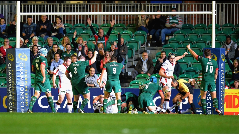 Leicester celebrate as Owen Williams crosses for the home side's opening try