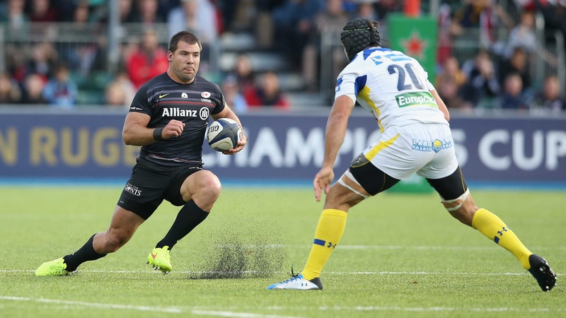 Julien Bardy (right) prepares to tackle Schalk Brits of Saracens during the game last weekend
