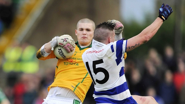 Donaghmore-Ashbourne goalkeeper Jack Hannigan clashes with Jake Regan of Navan O’Mahoney’s during the Meath SFC final
