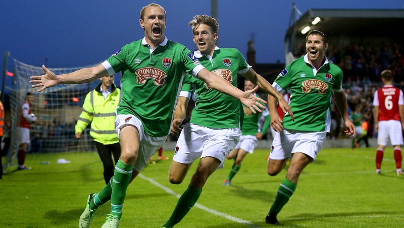 Cork City players celebrate the stunning Colin Healy (L) overhead kick that delivered a vital win over St Pat's
