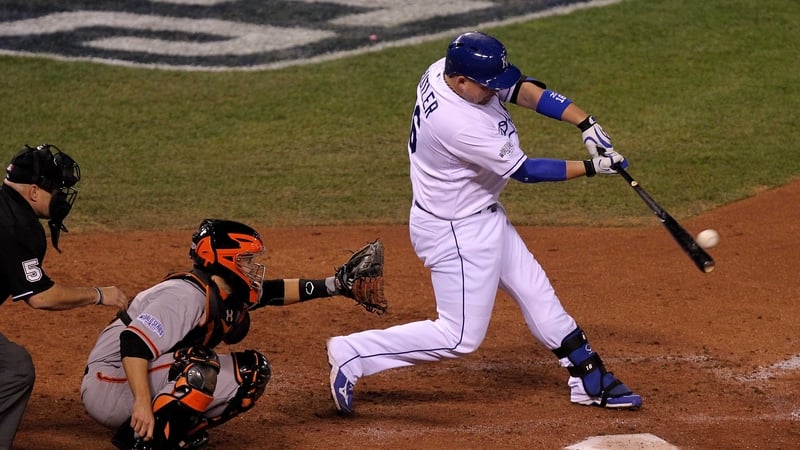 Billy Butler hits an RBI single in the sixth inning against the San Francisco Giants during Game Two of the 2014 World Series