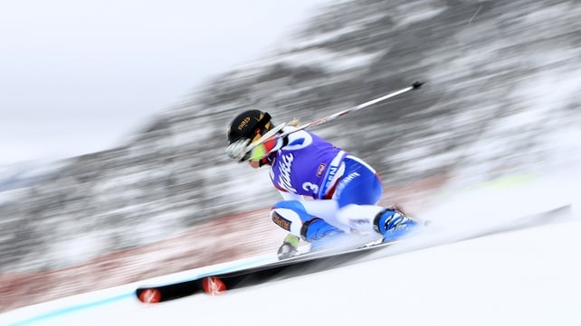 A competitor in the Audi FIS Alpine Ski World Cup Women's Giant Slalom in Soelden, Austria