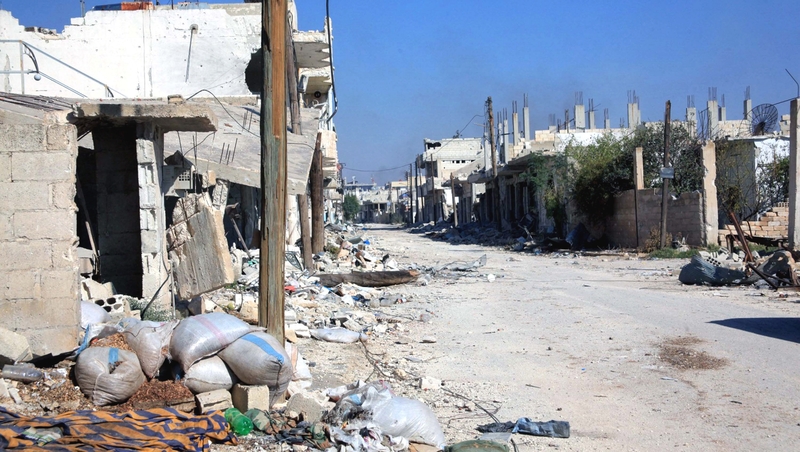 The deserted streets of Morek, which the Syrian Army claims to have retaken from rebels in recent days