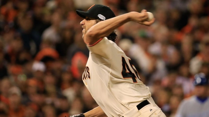Madison Bumgarner pitches against the Kansas City Royals in the eighth inning during Game Five of the 2014 World Series