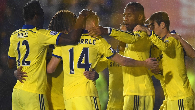 Chelsea players celebrate Didier Drogba's opener