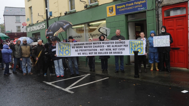In Boyle, Co Roscommon, demonstrators gathered outside local Fine Gael TD Frank Faighan's constituency office