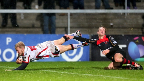 Ulster's Stuart Olding dives in for a try