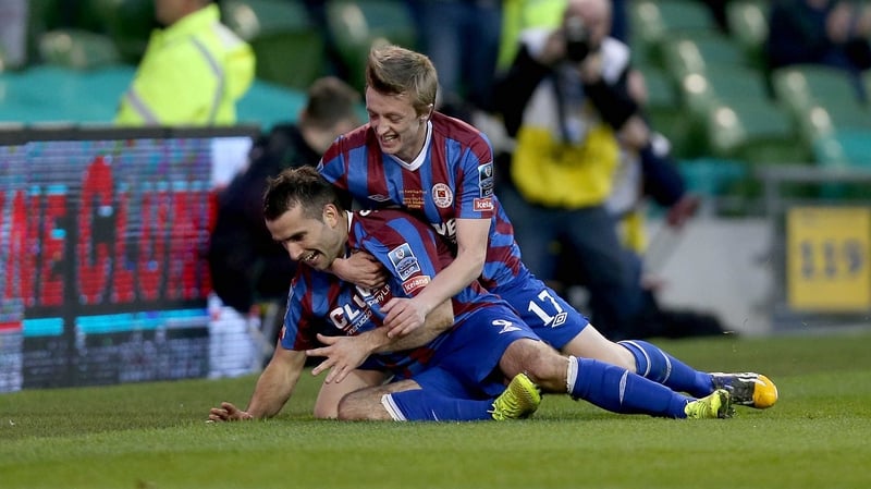 Christy Fagan (l) celebrates his first goal in the FAI Cup final