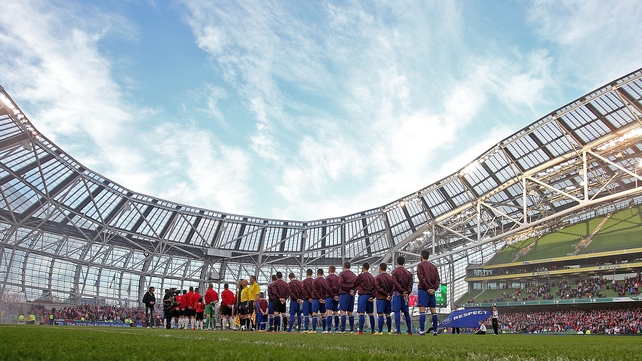 The teams lined up at the Aviva Stadium for the national anthem