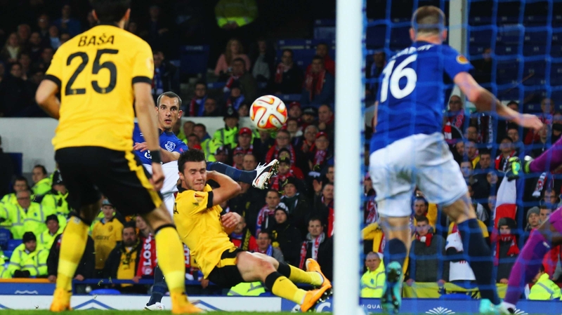 Leon Osman's shot heads towards goal for the opener