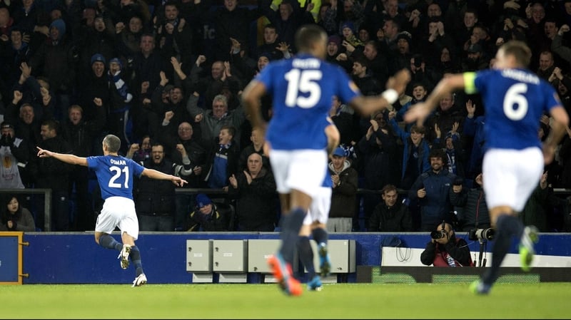 Leon Osman celebrates his strike as Everton beat Lille 3-0 at Goodison Park
