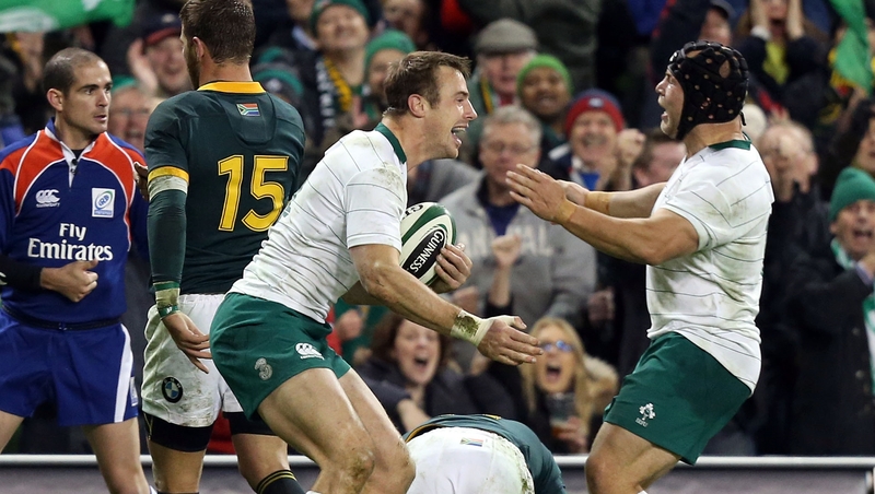 Tommy Bowe celebrates Ireland's second try