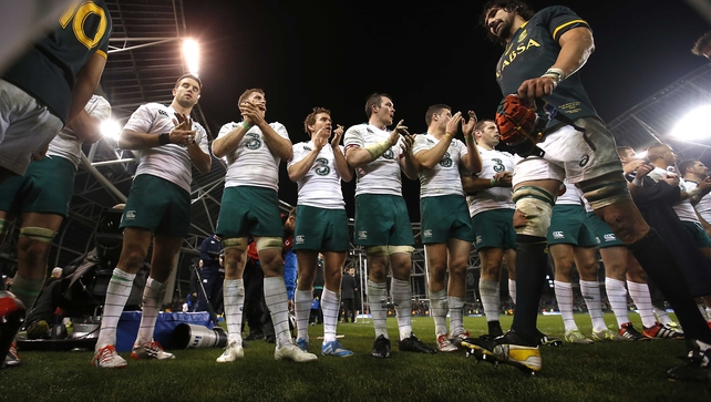 The Irish players clap South Africa legend Victor Matfield (37) off after the match