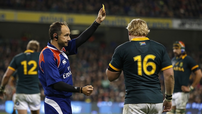 A key moment: referee Romain Poite sends Adriaan Strauss to the sin bin for hitting Rob Kearney in the air