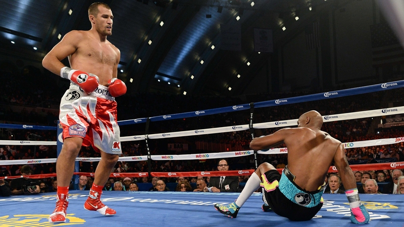 Bernard 'The Alien' Hopkins crashes to earth after Sergey Kovalev connects with a straight right in the first round at Broadwalk Hall