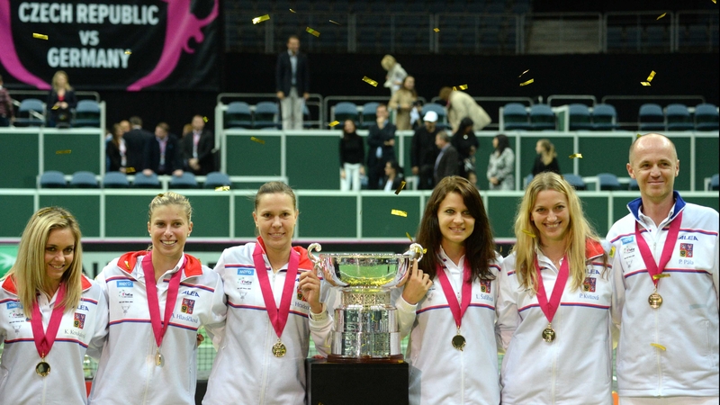 The Czech Republic team of (l-r) Lucie Safarova, Klara Koukalova, Lucie Hradecka, captain Petr Pala, Petra Kvitova and Andrea Hlavackova celebrate their Fed Cup victory