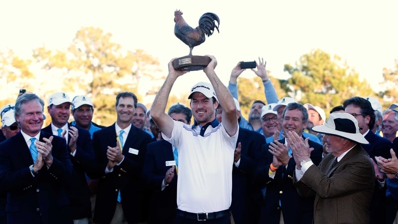 Nick Taylor holds his rather unusual trophy aloft, one modelled on Chaunticleer, the protagonist in Geoffrey Chaucer’s The Nun's Priest's Tale