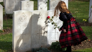 A young girl places a red rose in front of a tombstone after an Armistice Day ceremony at the Belgrade War cemetery in Belgrade, Serbia