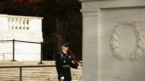 A member of the 3rd US Infantry Regiment marches while guarding The Tomb of the Unknown Soldier ahead of Veterans Day observations at Arlington National Cemetery in Virginia