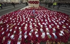 Poppy wreaths cover the road in front of the Cenotaph in central London