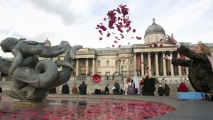 A lady throws poppy leaves into a fountain in London's Trafalgar Square