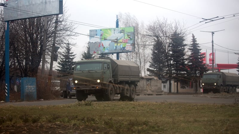 Unmarked military vehicles in eastern Ukraine yesterday