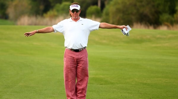 Miguel Angel Jimenez looks on during the first round
