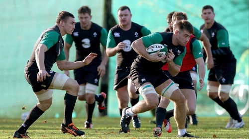 Dominic Ryan is supported by Tommy O'Donnell in training yesterday