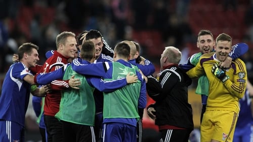 Faroe Islands players celebrate at full-time in Athens