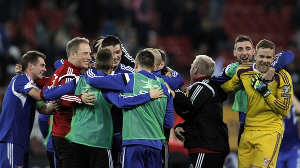 Faroe Islands players celebrate at full-time in Athens