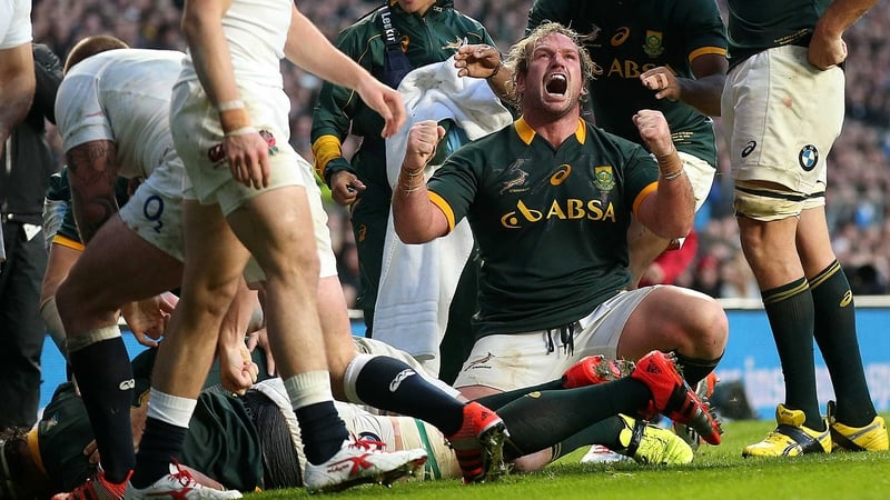 South Africa's Jannie du Plessis celebrates after his side scored their third try