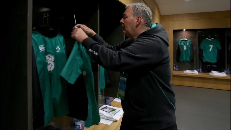 Ireland's bagman Paddy Rala O'Reilly hangs up the Irish jerseys in the changing room