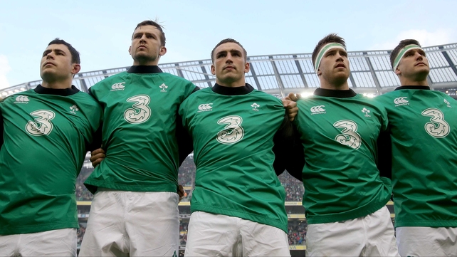Felix Jones, Dave Foley, Tommy O'Donnell, Dominic Ryan and Robbie Diack stand for the national anthem