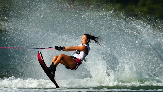 Langbo Gong of China carves during the Open Ladie's Waterski Slalom during the 2014 Asian Beach Games at Bangneow Dam on Wednesday