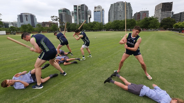 Ireland International Rules players Pearce Hanley, Mattie Donnelly, Paddy O'Rourke and Colm Begley participate in an art assessment video project with students from Wesley College in Melbourne on Thursday