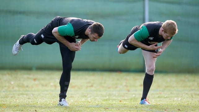 Tommy Bowe and Darragh Leader during Ireland training on Monday