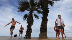 David Moran and Pearce Hanley after a recovery session in the sea at St Kilda Baths in Melbourne on Sunday
