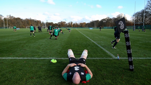Paul O'Connell stretches during Ireland training on Monday