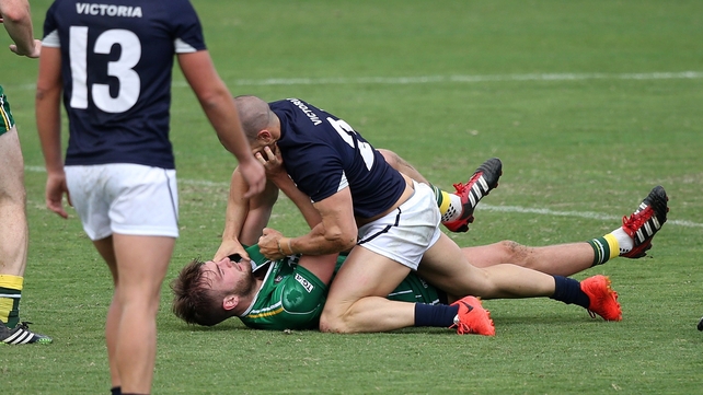 Aidan O'Shea and James Magner have a set-to during the Ireland vs Victorian Football League selection game on Sunday