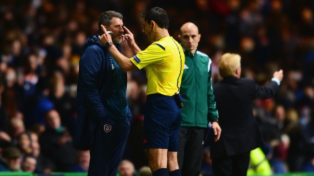 An official speaks to Republic of Ireland assistant manager Roy Keane during Ireland v Scotland on Friday
