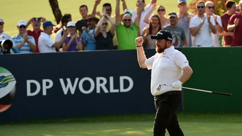 Shane Lowry celebrates his hole in one on the 13th